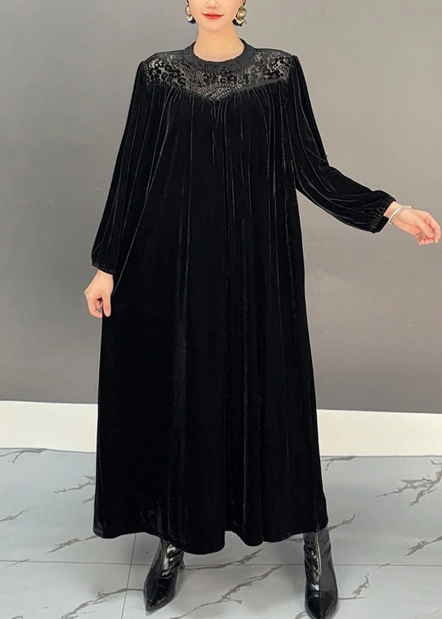 Plus Size Purple O-Neck Wrinkled Silk Velour Maxi Dresses Winter - Image 2
