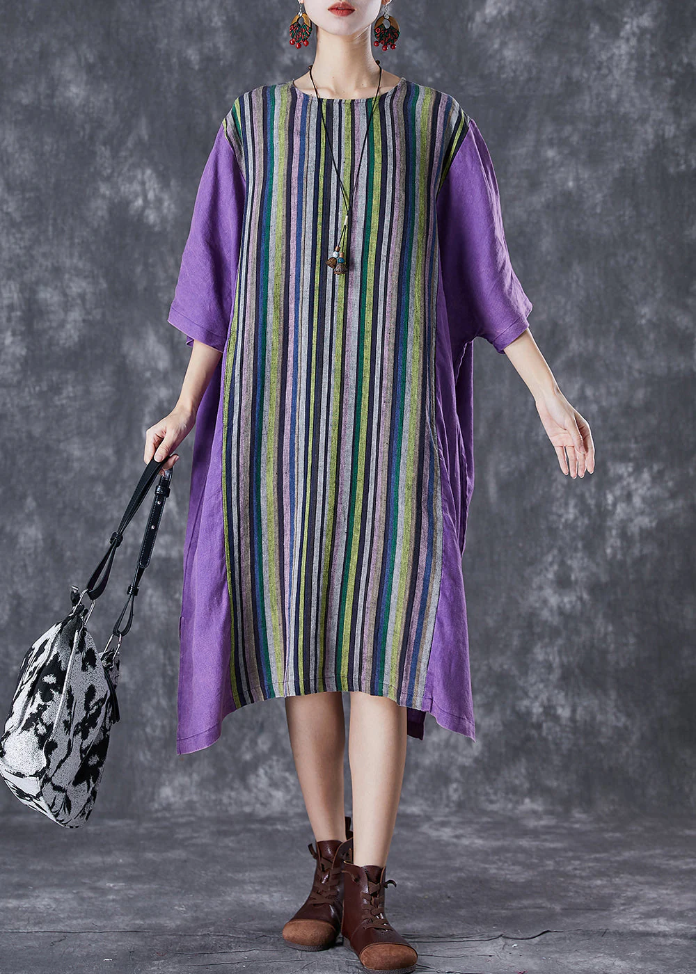 Plus Size Purple Oversized Patchwork Striped Linen Dress Summer - Image 2