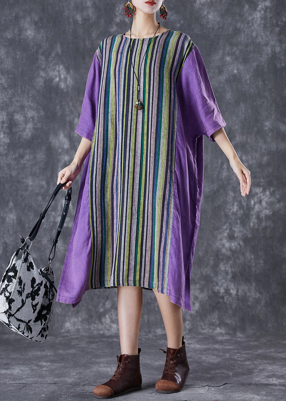 Plus Size Purple Oversized Patchwork Striped Linen Dress Summer - Image 3