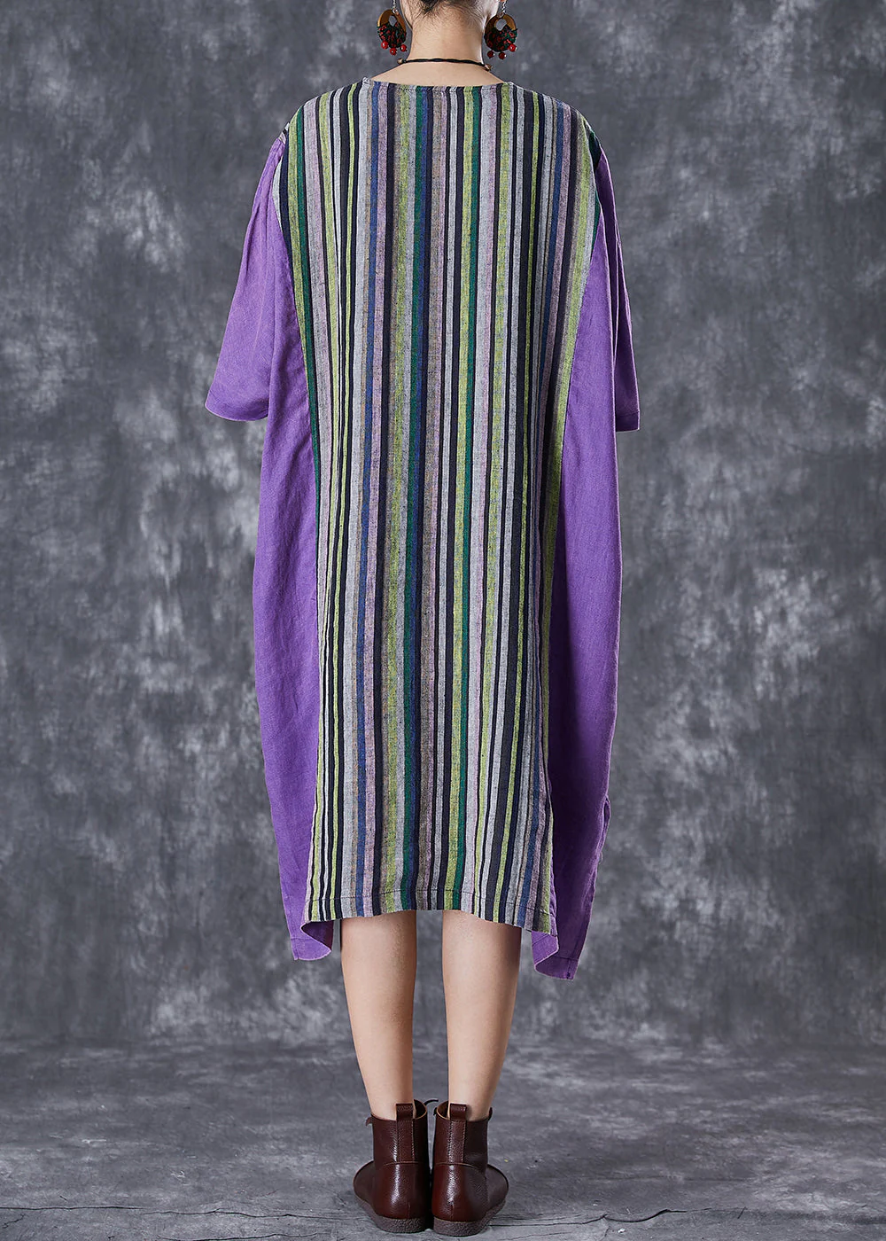 Plus Size Purple Oversized Patchwork Striped Linen Dress Summer - Image 4