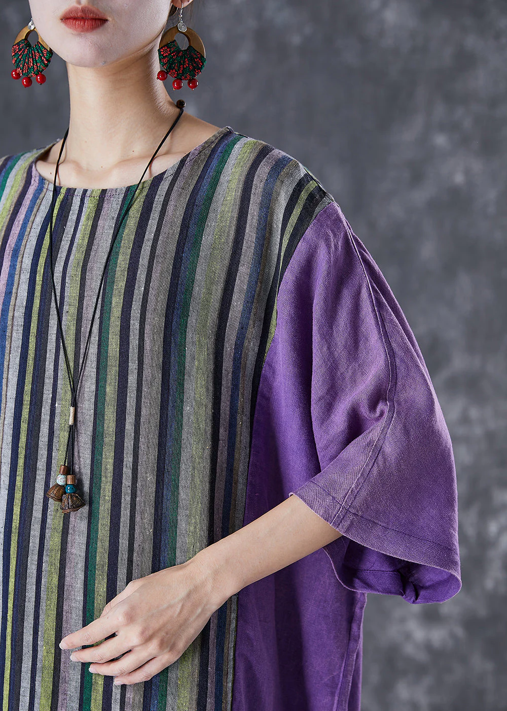 Plus Size Purple Oversized Patchwork Striped Linen Dress Summer - Image 5