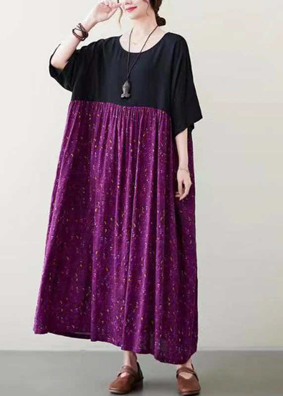 Plus Size Purple Patchwork Wrinkled Maxi Dress Summer - Image 3