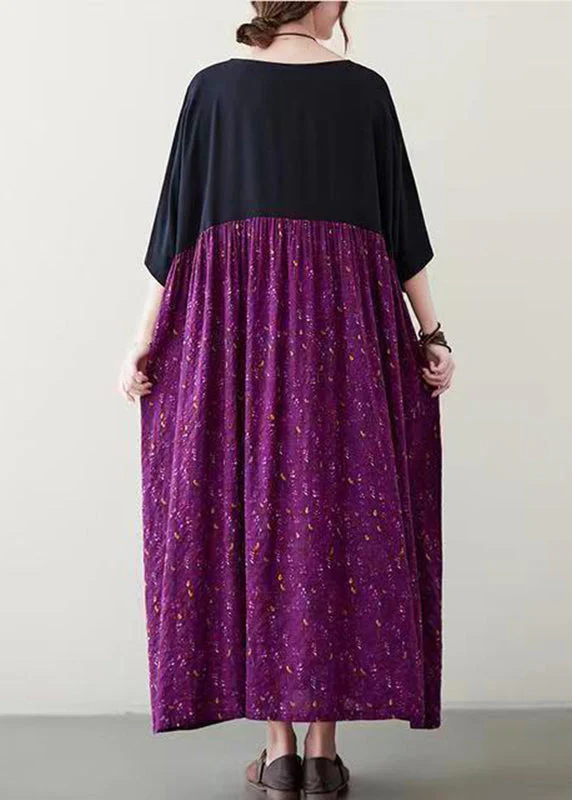 Plus Size Purple Patchwork Wrinkled Maxi Dress Summer - Image 5