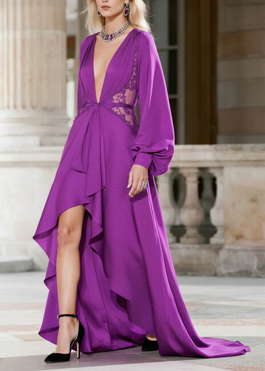 Plus Size Purple V Neck Asymmetrical Lace Patchwork Silk Long Dress Spring - Image 3