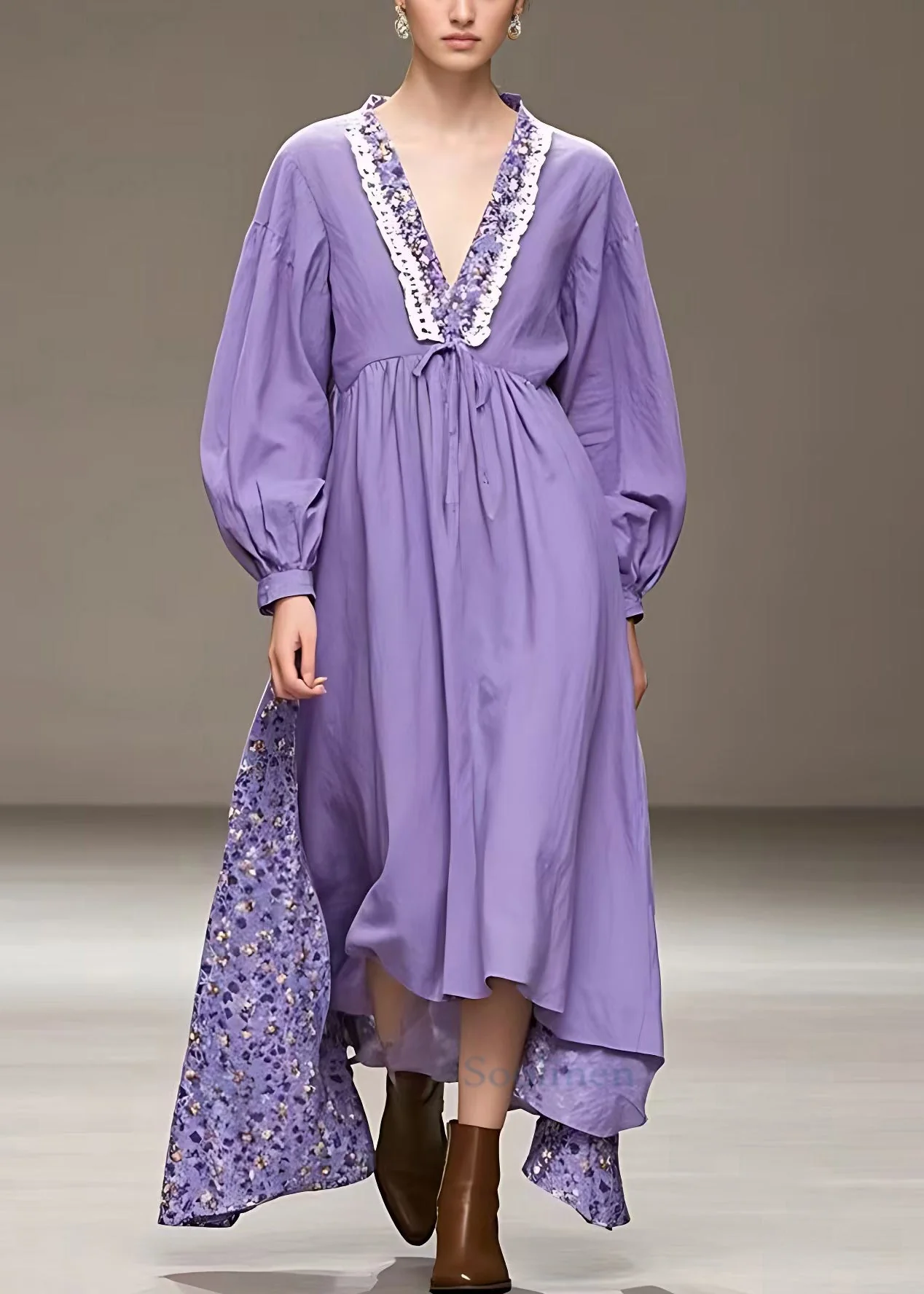 Plus Size Purple V Neck High Waist Patchwork Cotton Maxi Dress Fall - Image 2