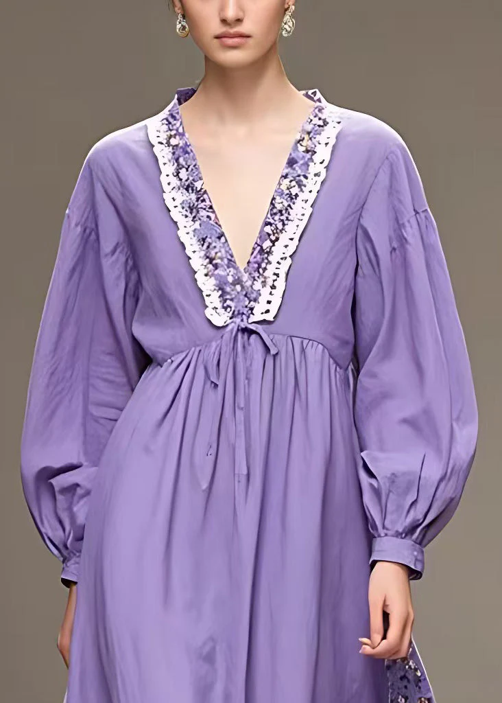 Plus Size Purple V Neck High Waist Patchwork Cotton Maxi Dress Fall - Image 3