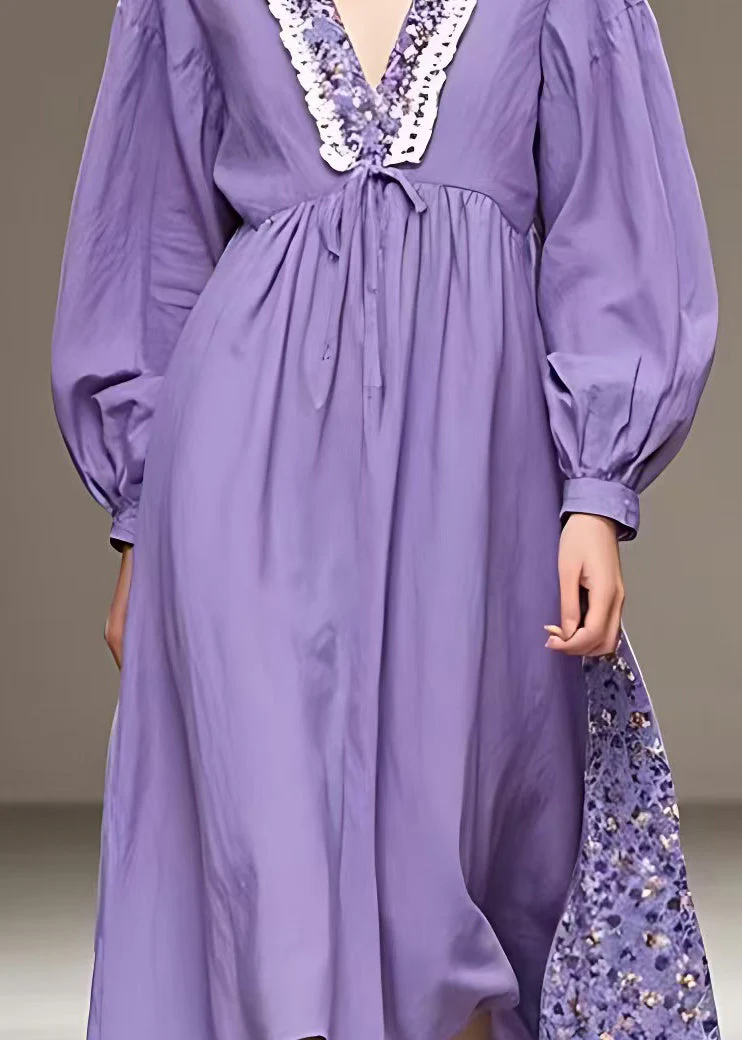 Plus Size Purple V Neck High Waist Patchwork Cotton Maxi Dress Fall - Image 4
