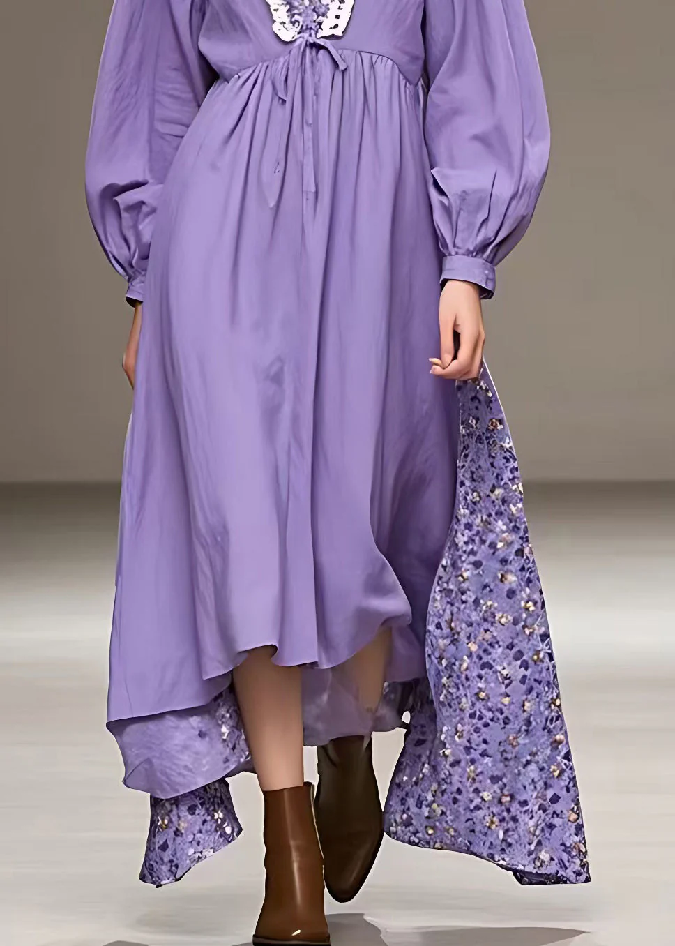 Plus Size Purple V Neck High Waist Patchwork Cotton Maxi Dress Fall - Image 5