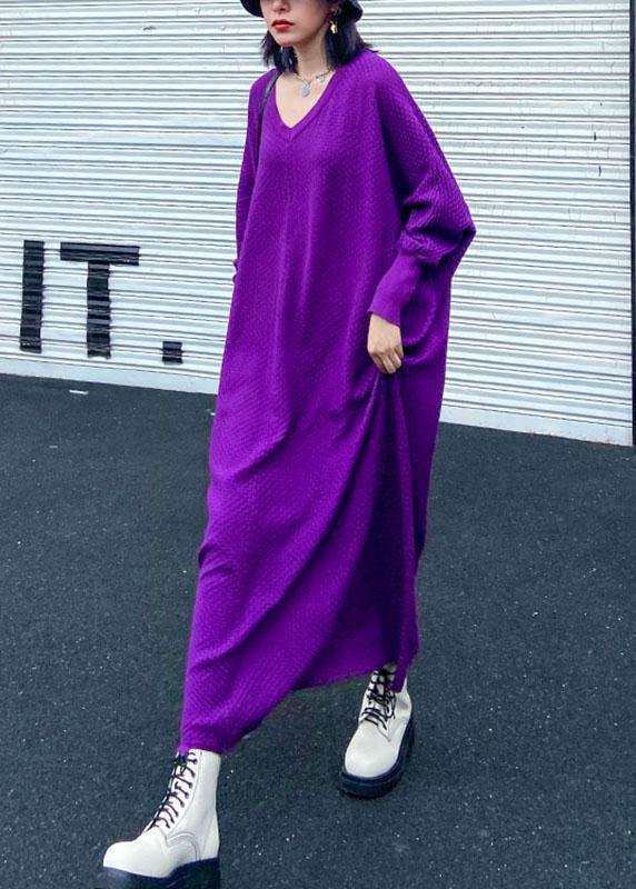 Plus Size Purple V Neck Loose fashion Fall Vacation Dresses Long sleeve - Image 2