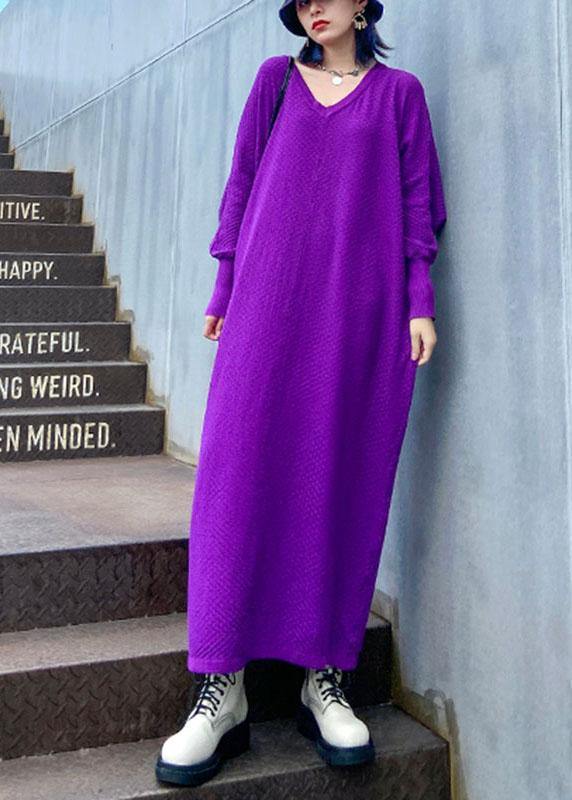 Plus Size Purple V Neck Loose fashion Fall Vacation Dresses Long sleeve - Image 3