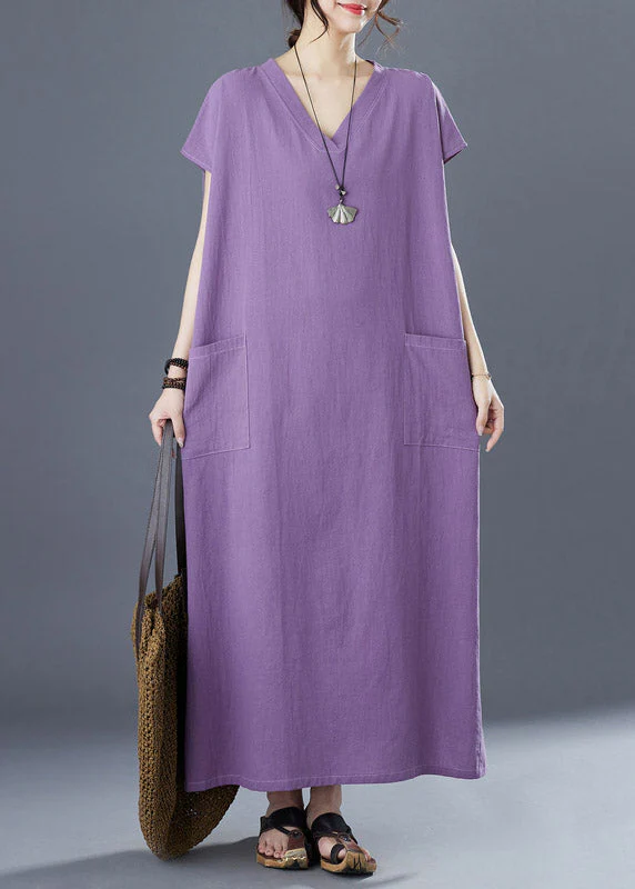 Plus Size Purple V Neck Patchwork Long Dresses Short Sleeve - Image 2
