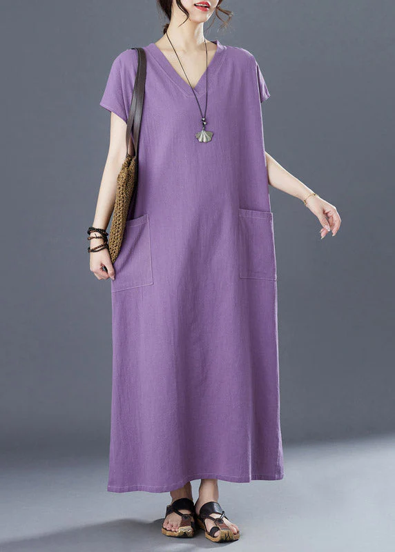 Plus Size Purple V Neck Patchwork Long Dresses Short Sleeve - Image 3