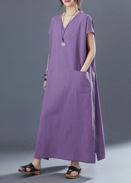 Plus Size Purple V Neck Patchwork Long Dresses Short Sleeve - Image 4