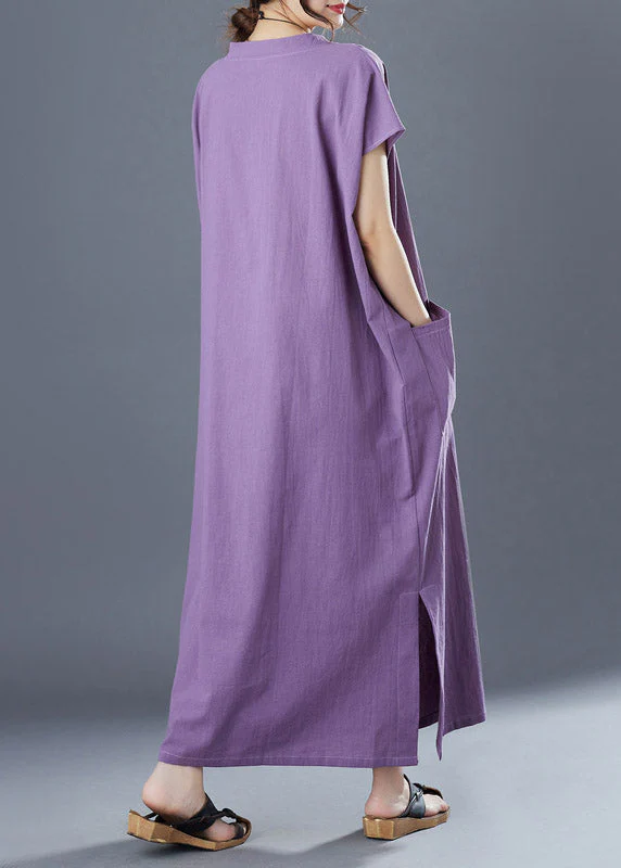 Plus Size Purple V Neck Patchwork Long Dresses Short Sleeve - Image 5