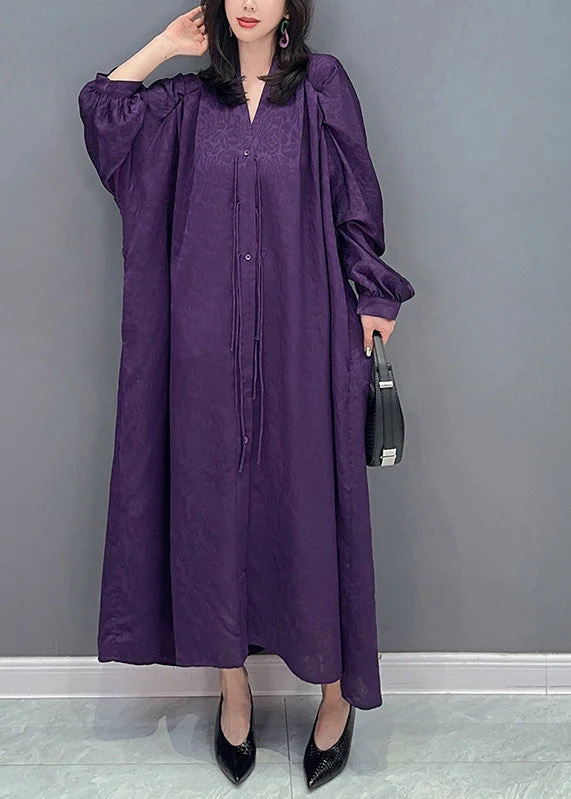 Plus Size Purple V Neck Print Button Long Dresses Long Sleeve - Image 2