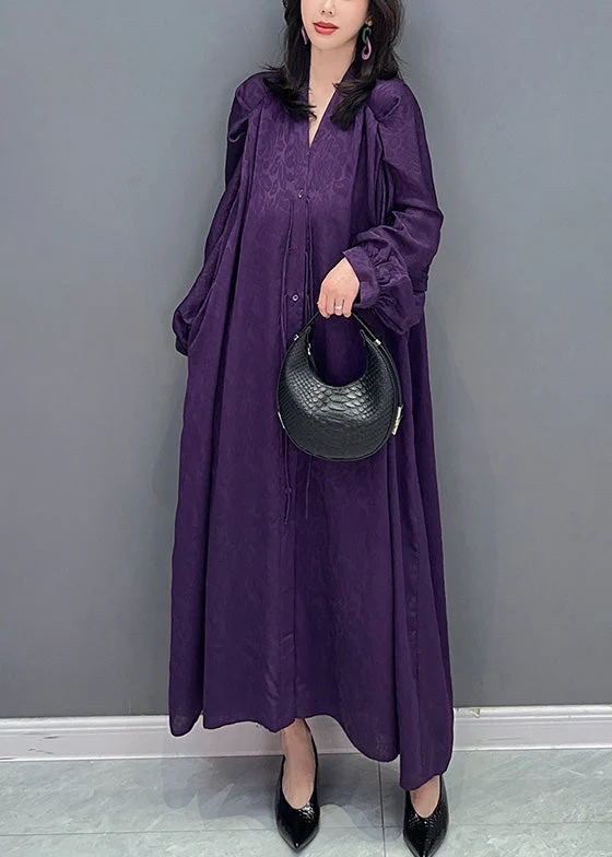 Plus Size Purple V Neck Print Button Long Dresses Long Sleeve - Image 3
