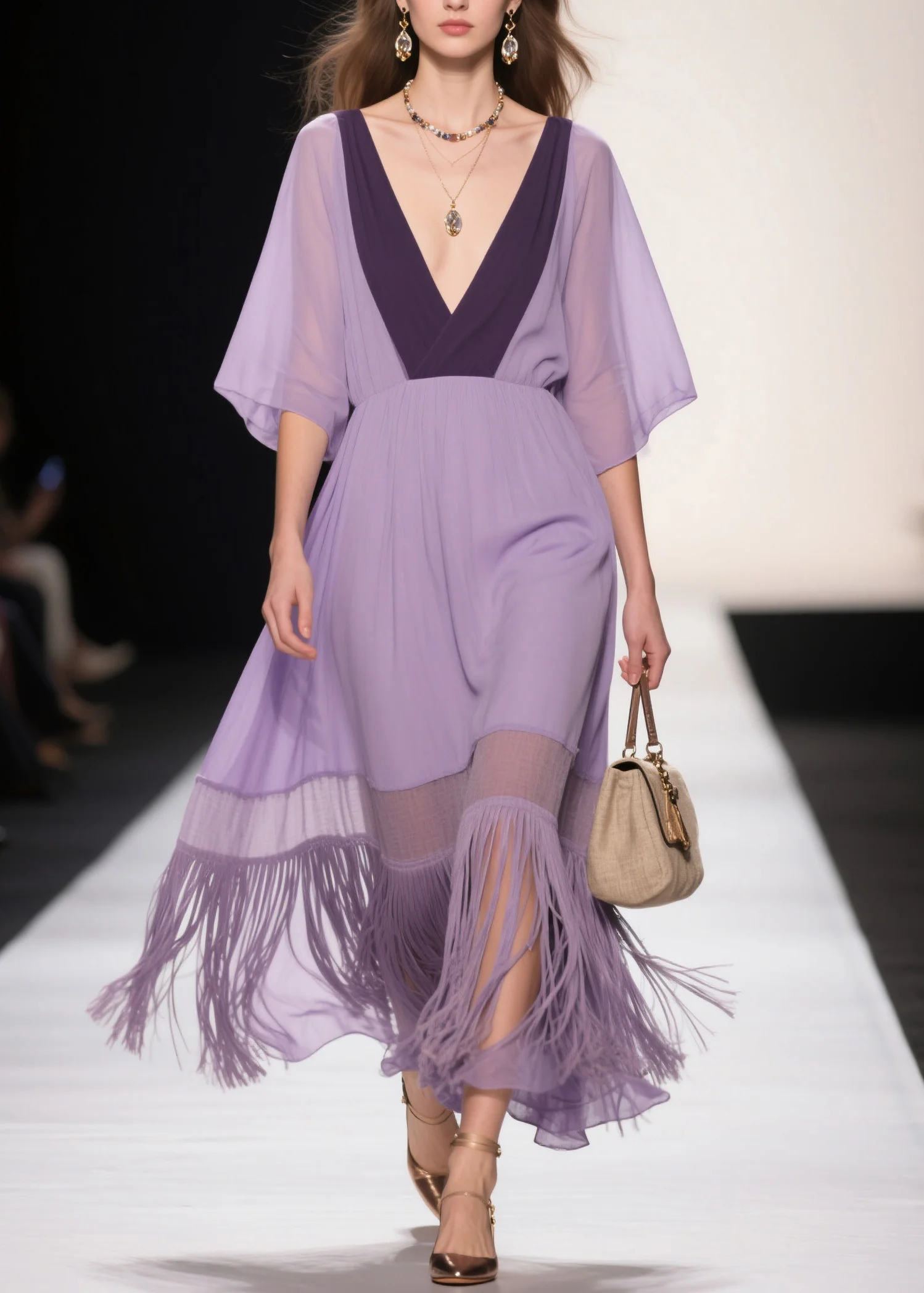 Plus Size Purple V Neck Tassel Patchwork Cotton Dress Summer - Image 3