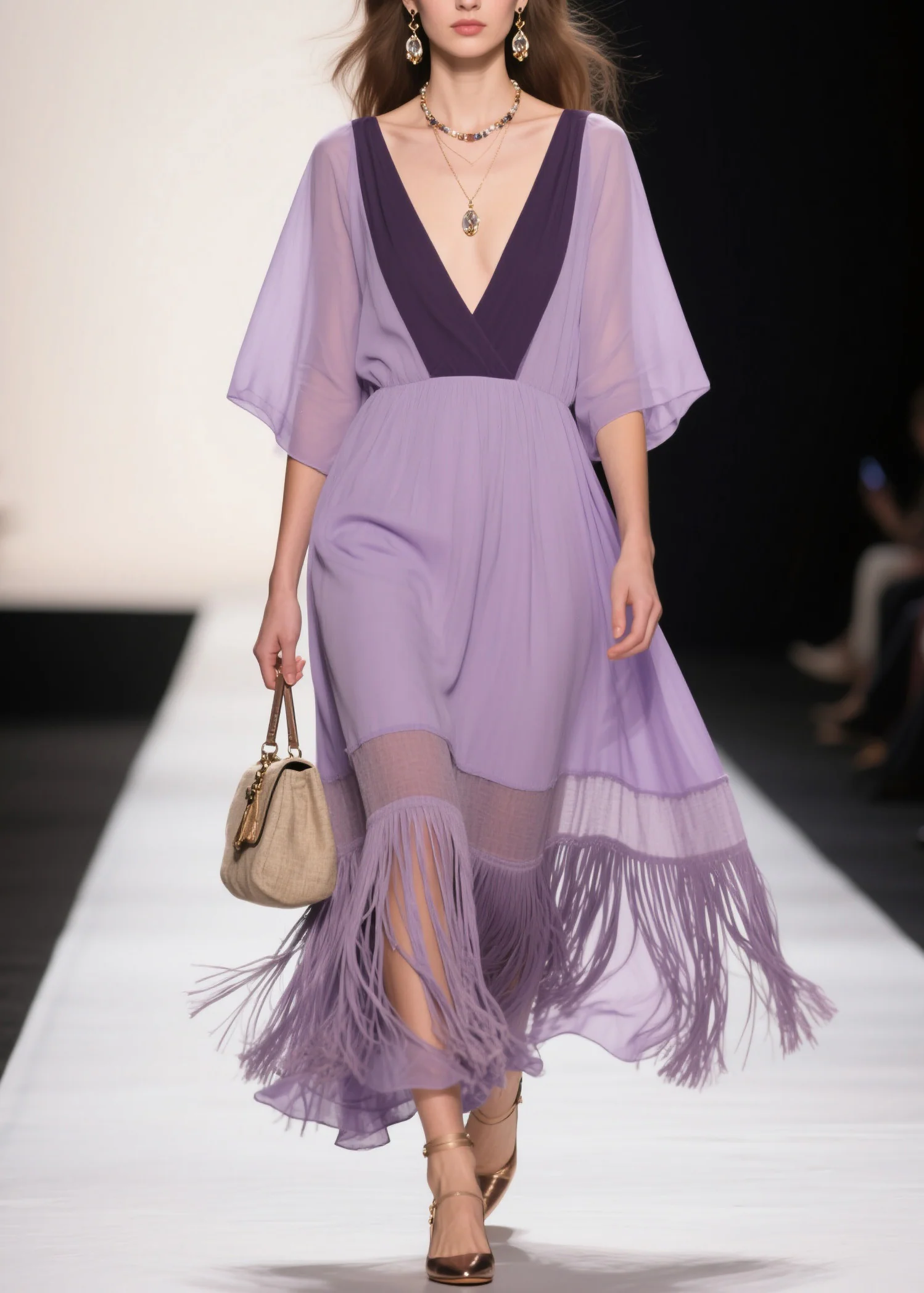 Plus Size Purple V Neck Tassel Patchwork Cotton Dress Summer - Image 5