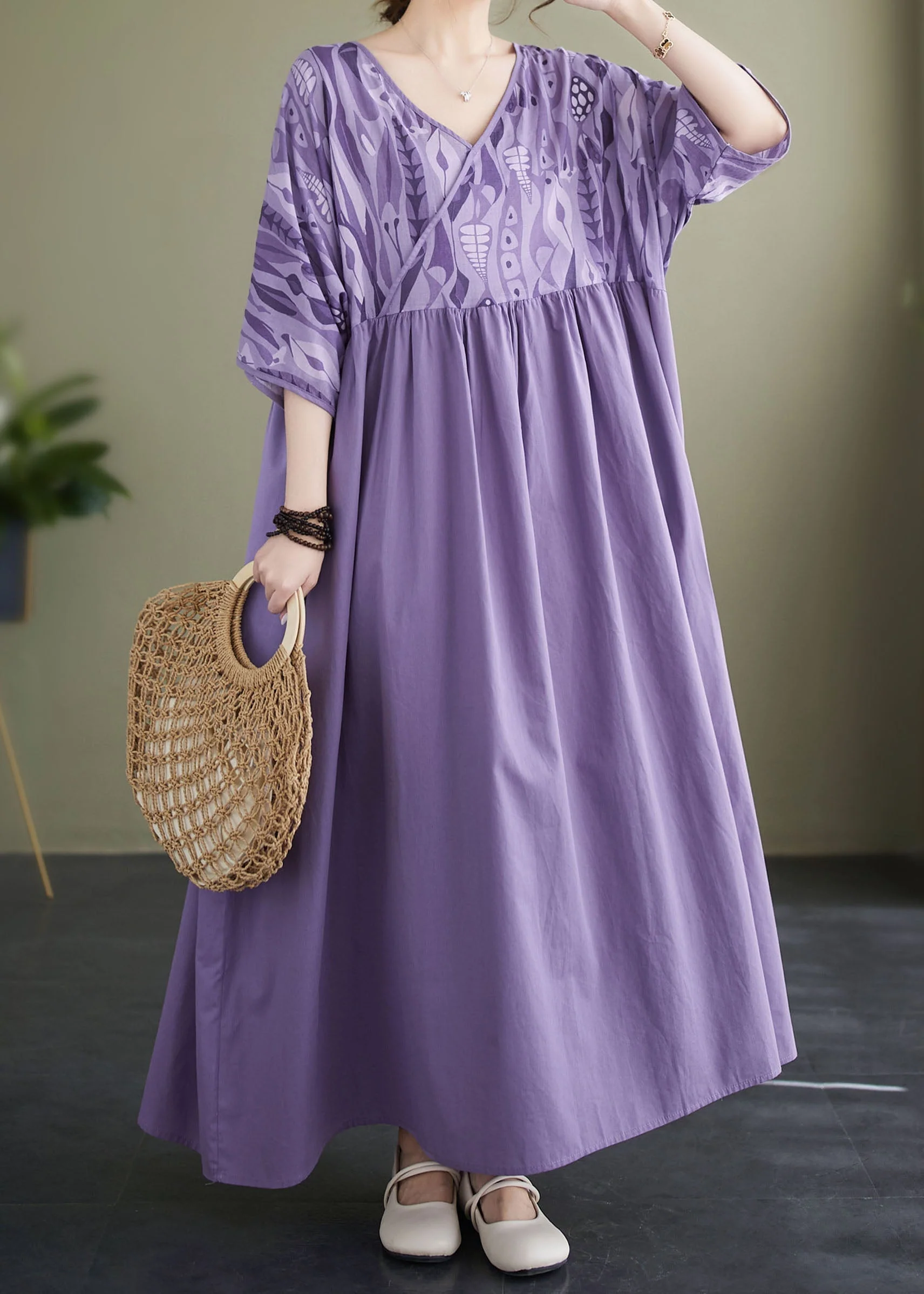 Plus Size Purple V Neck Wrinkled Print Patchwork Cotton Vacation Dresses Summer - Image 2