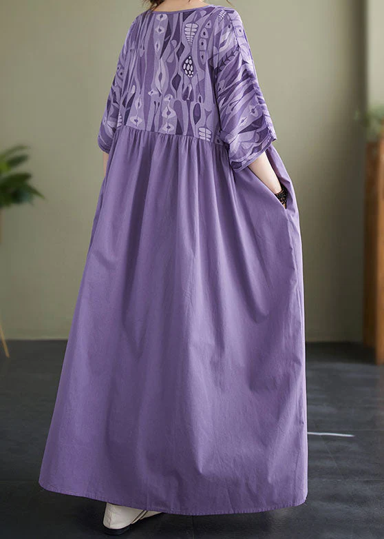 Plus Size Purple V Neck Wrinkled Print Patchwork Cotton Vacation Dresses Summer - Image 4
