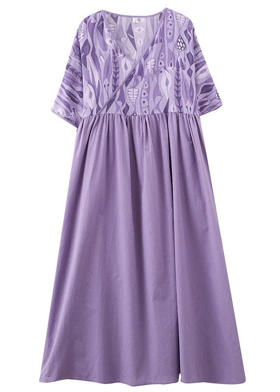 Plus Size Purple V Neck Wrinkled Print Patchwork Cotton Vacation Dresses Summer - Image 5