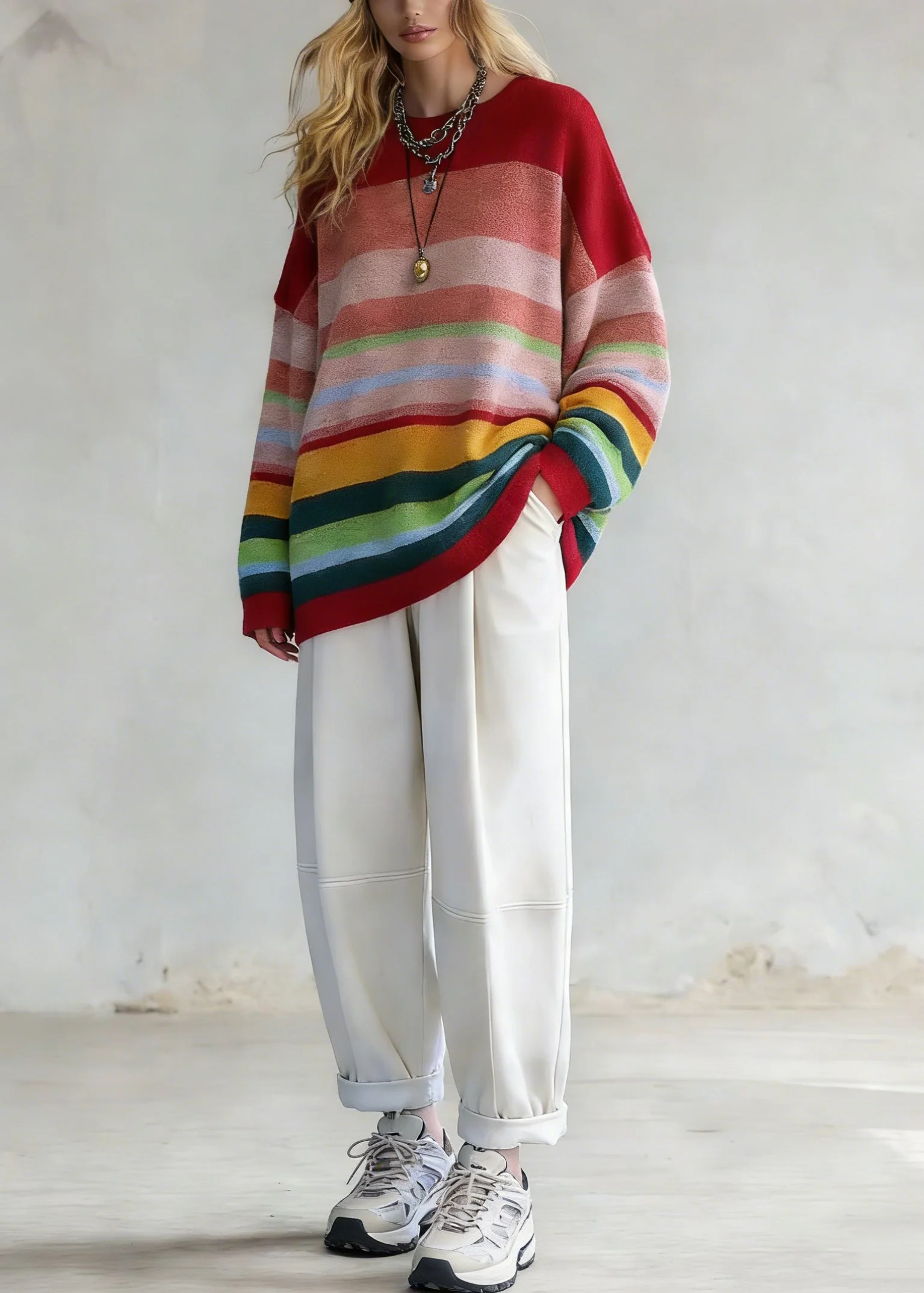Plus Size Rainbow Striped O-Neck Knit Sweaters And White Pants Two Pieces Set Spring
