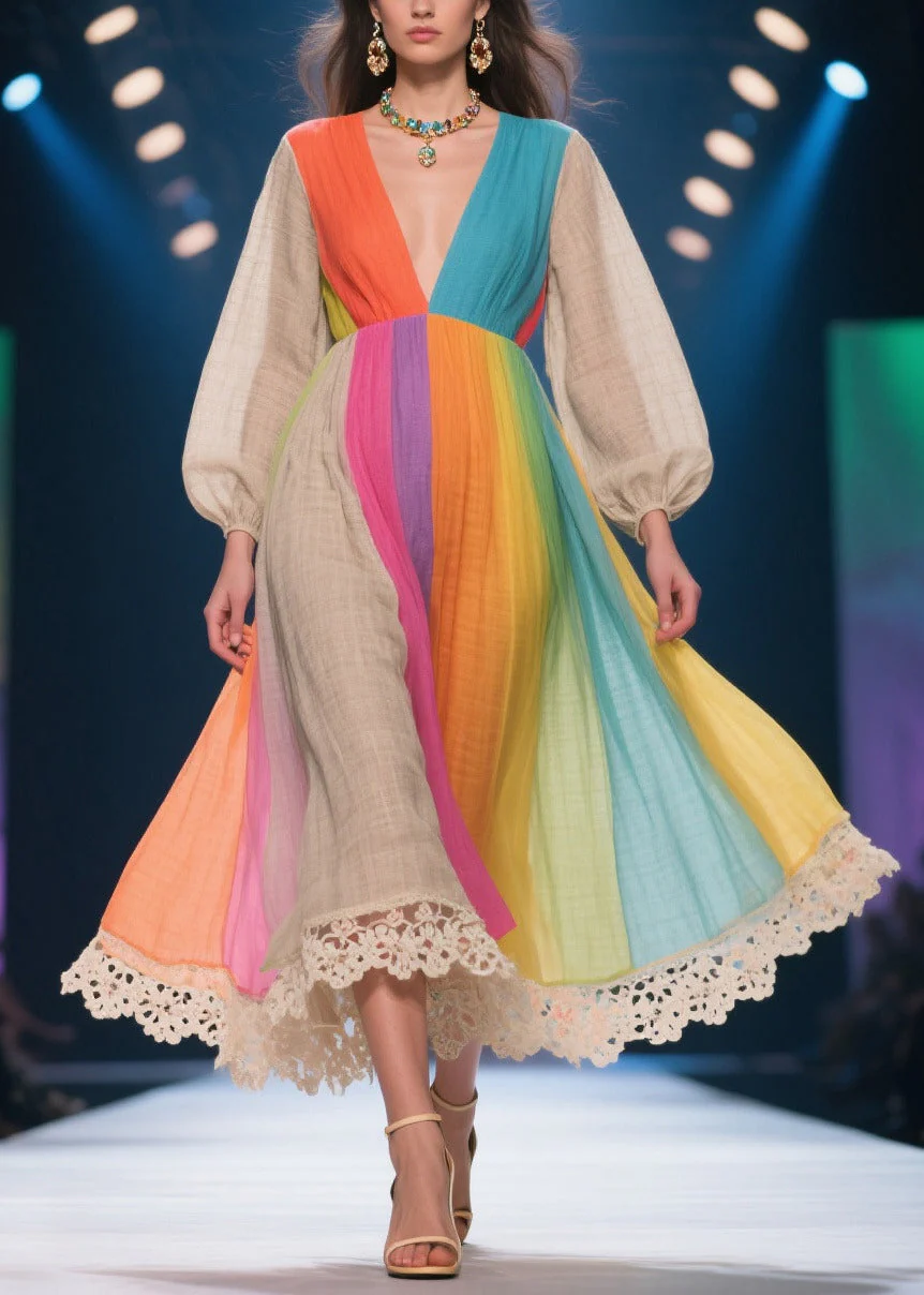 Plus Size Rainbow V Neck Patchwork Linen Party Dress Lantern Sleeve - Image 3