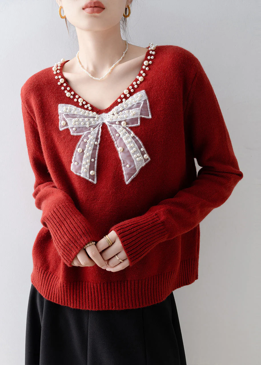 Plus Size Red Bow Nail Bead Knit Sweaters Winter