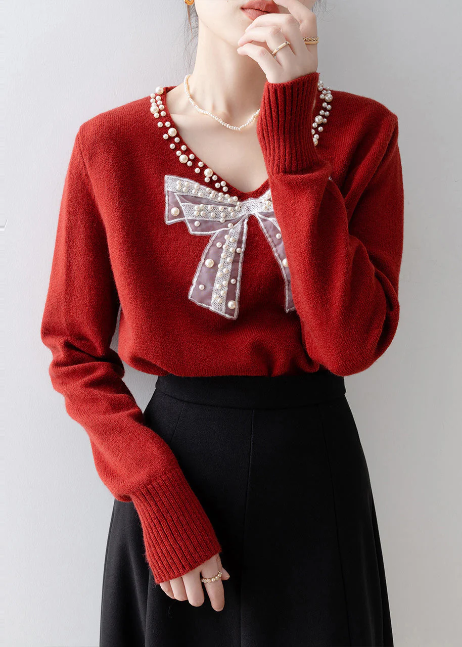 Plus Size Red Bow Nail Bead Knit Sweaters Winter - Image 2