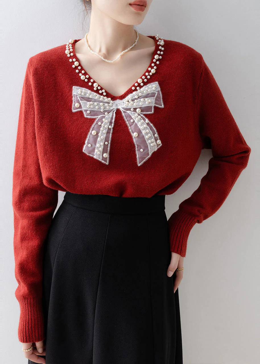 Plus Size Red Bow Nail Bead Knit Sweaters Winter - Image 3