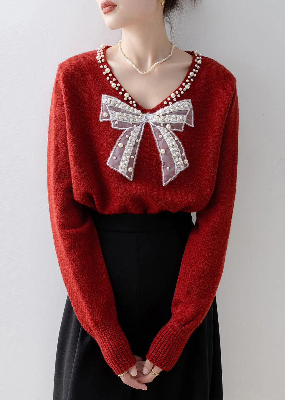 Plus Size Red Bow Nail Bead Knit Sweaters Winter - Image 4