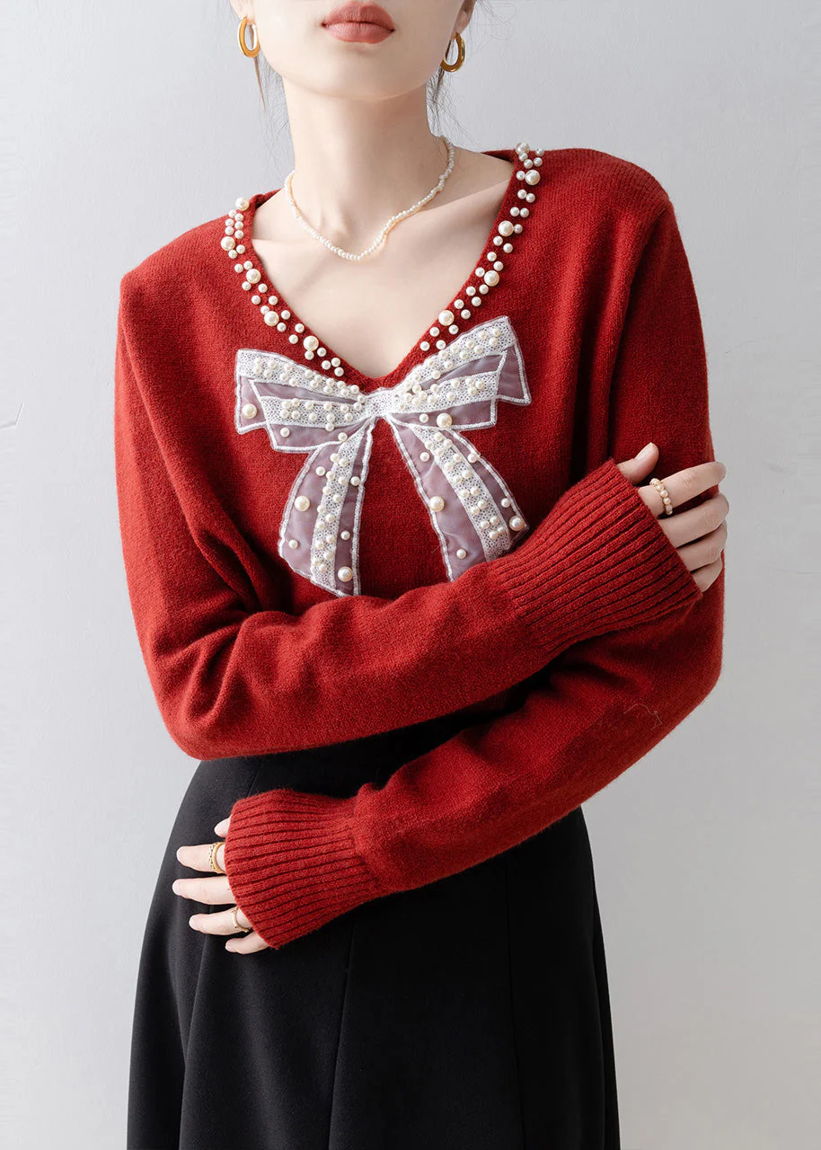 Plus Size Red Bow Nail Bead Knit Sweaters Winter - Image 5