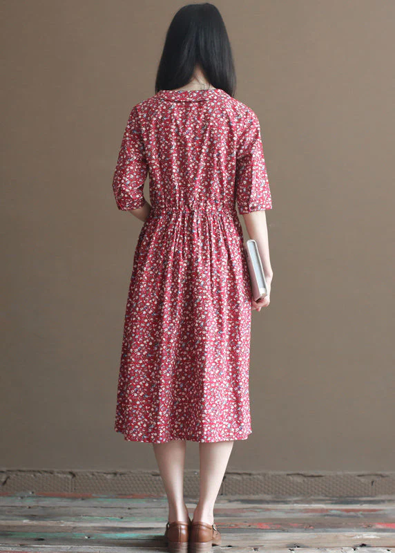 Plus Size Red Cinched Print Button Cotton Long Dress Half Sleeve - Image 3