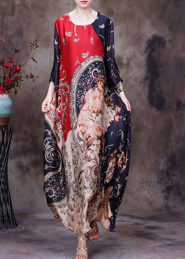 Plus Size Red O-Neck Asymmetrical Print Silk Holiday Dress Half Sleeve - Image 2