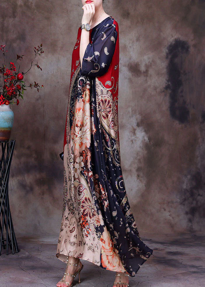 Plus Size Red O-Neck Asymmetrical Print Silk Holiday Dress Half Sleeve - Image 3