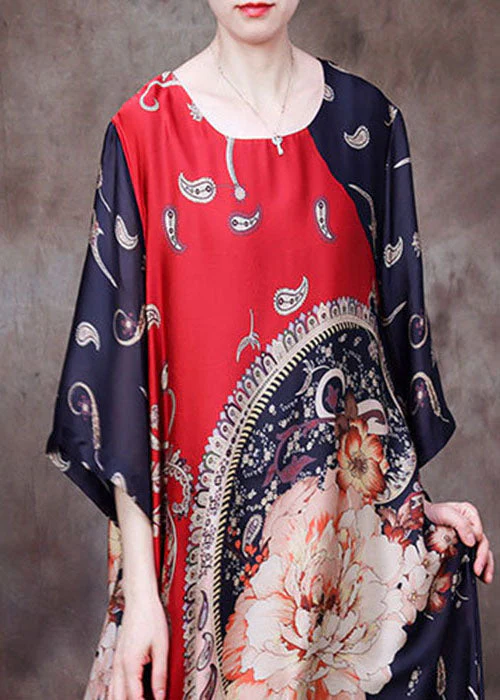Plus Size Red O-Neck Asymmetrical Print Silk Holiday Dress Half Sleeve - Image 4