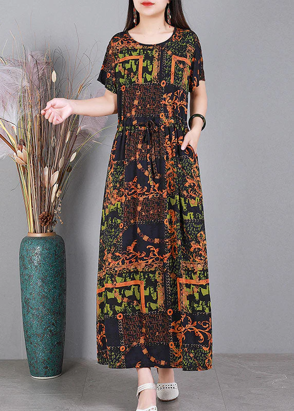 Plus Size Red O-Neck Cinched Print Drawstring Silk Long Dresses Short Sleeve - Image 2