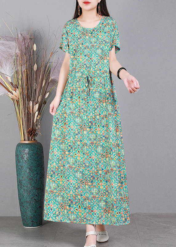 Plus Size Red O-Neck Cinched Print Drawstring Silk Long Dresses Short Sleeve - Image 3