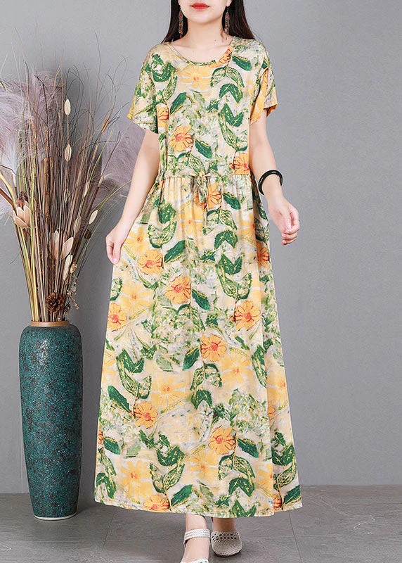 Plus Size Red O-Neck Cinched Print Drawstring Silk Long Dresses Short Sleeve - Image 4