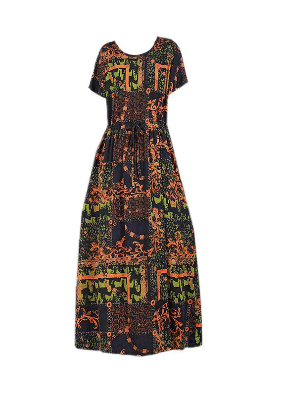 Plus Size Red O-Neck Cinched Print Drawstring Silk Long Dresses Short Sleeve - Image 5