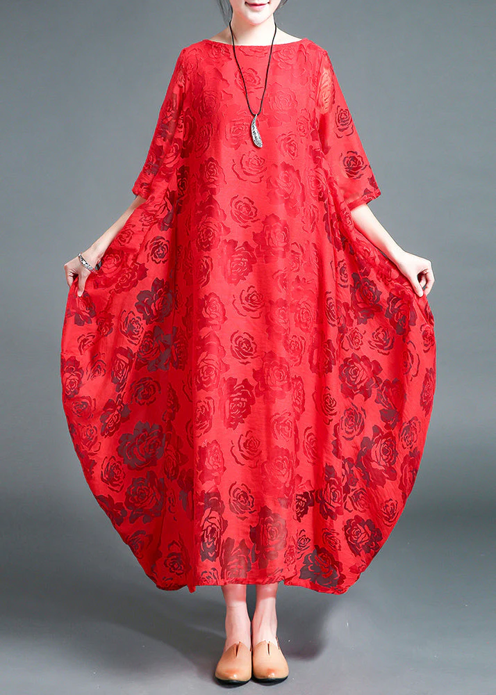 Plus Size Red O-Neck Lace Holiday Maxi Dress Summer - Image 2