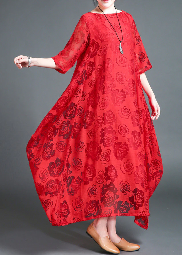 Plus Size Red O-Neck Lace Holiday Maxi Dress Summer - Image 3