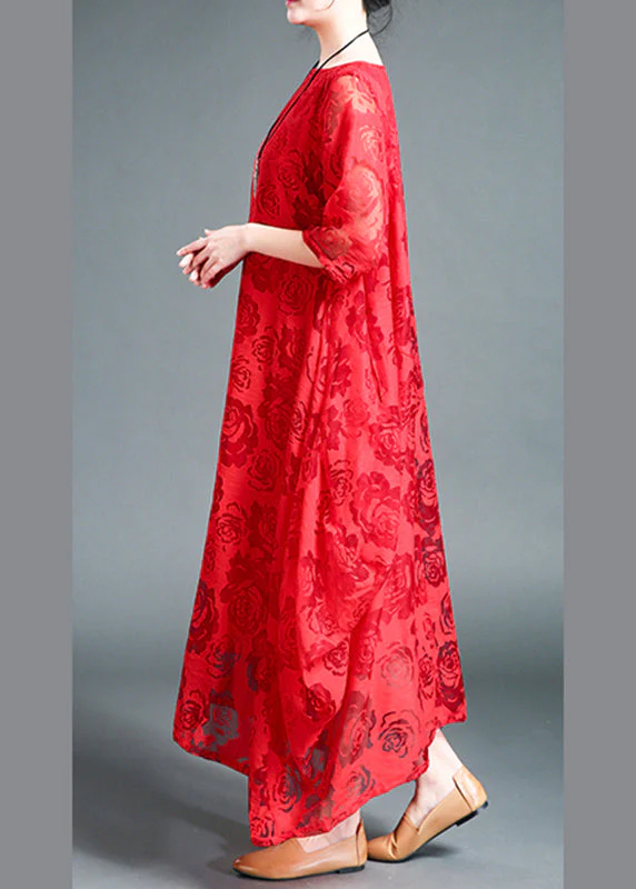 Plus Size Red O-Neck Lace Holiday Maxi Dress Summer - Image 4