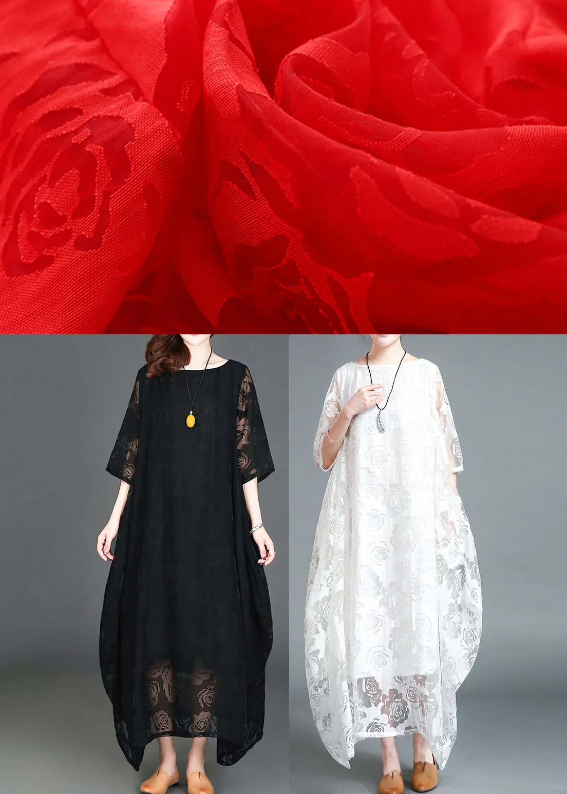 Plus Size Red O-Neck Lace Holiday Maxi Dress Summer - Image 5