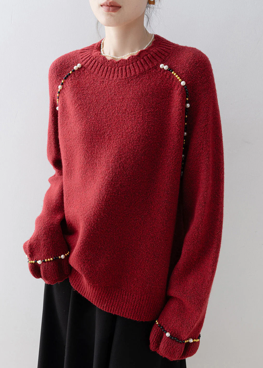 Plus Size Red O Neck Nail Bead Knit Sweater Spring - Image 3