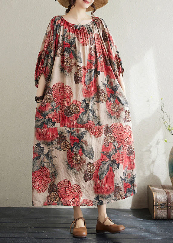 Plus Size Red O Neck Print Cotton Long Dress Puff Sleeve - Image 2