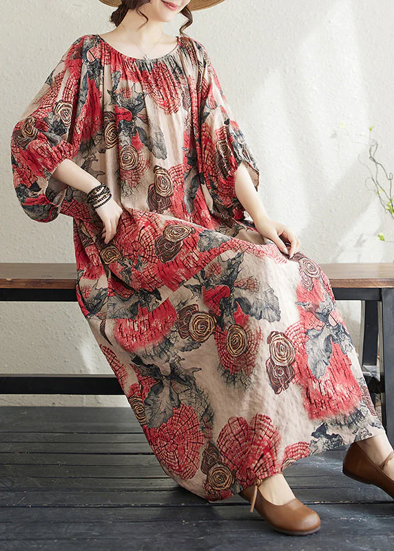 Plus Size Red O Neck Print Cotton Long Dress Puff Sleeve - Image 3
