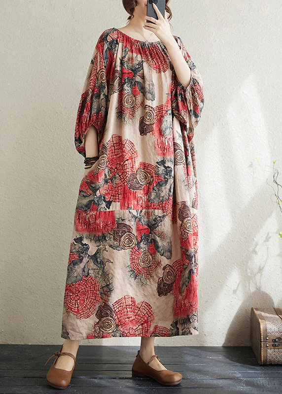 Plus Size Red O Neck Print Cotton Long Dress Puff Sleeve - Image 4