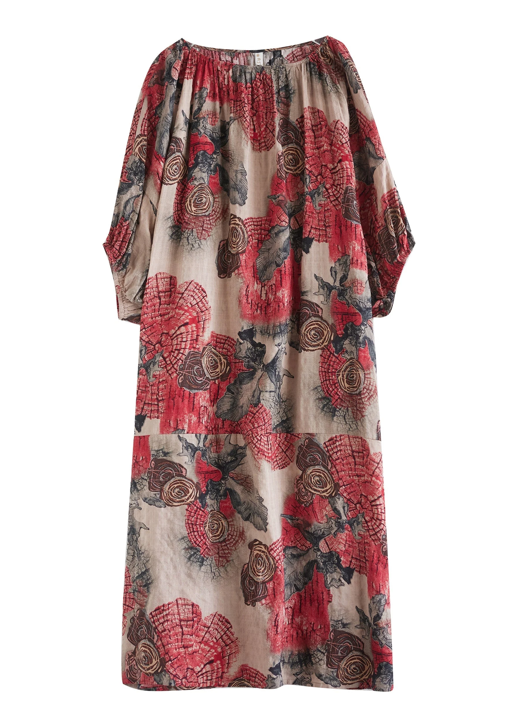 Plus Size Red O Neck Print Cotton Long Dress Puff Sleeve - Image 5