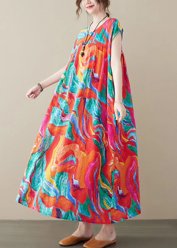 Plus Size Red O-Neck Print Long Dresses Summer - Image 2